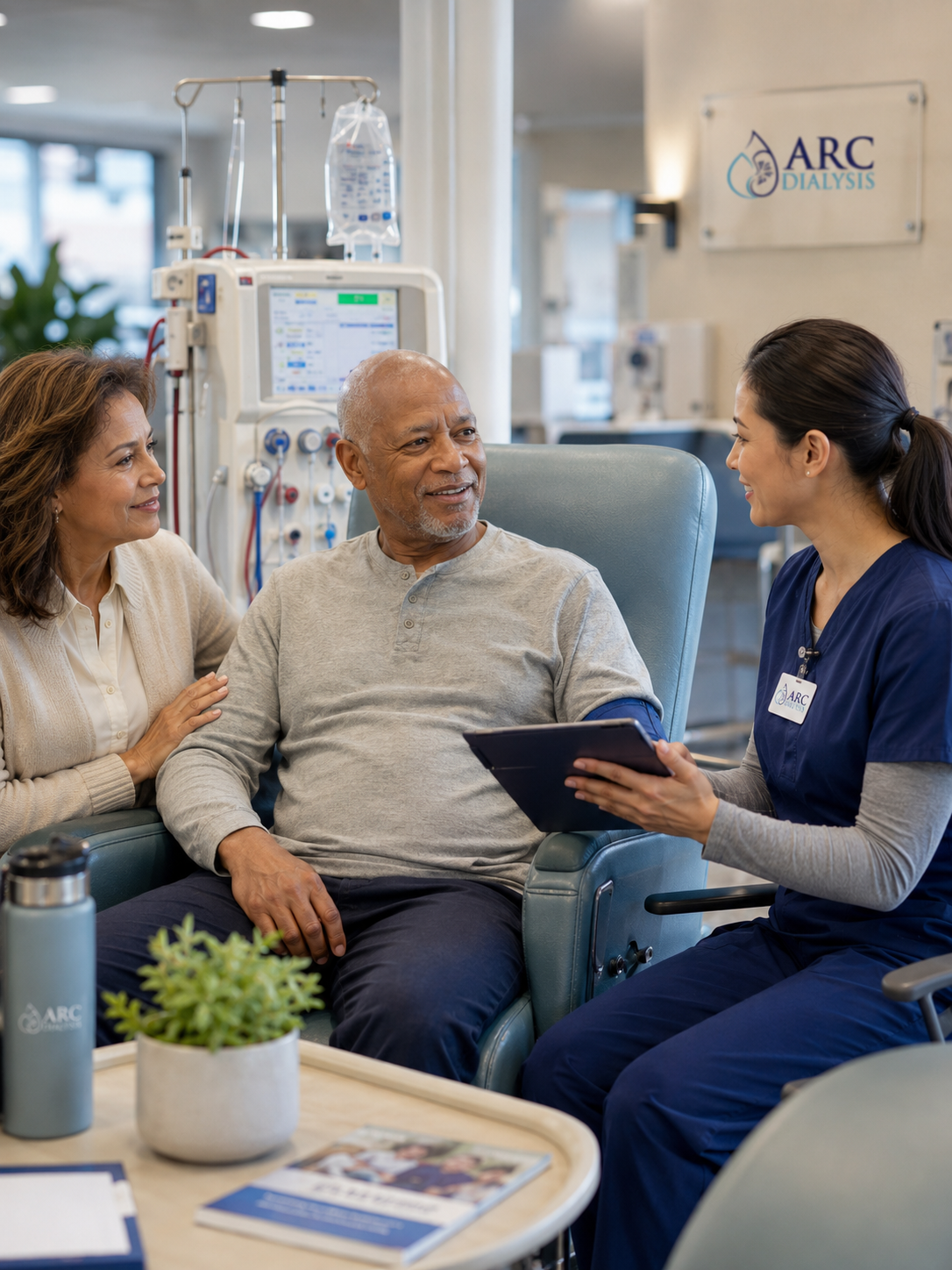ARC Dialysis patient receiving acute kidney care with nurse and family member