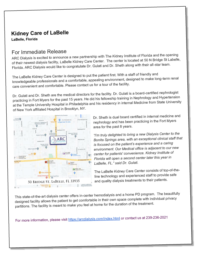 Kidney Care Center of LaBelle Press Release